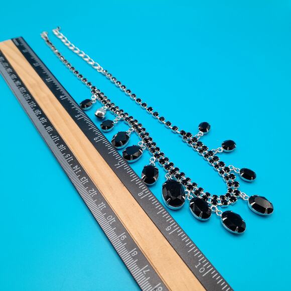 Vintage Style Black Rhinestone Dangle Necklace, Silver Tone, 18 1/2 Inches - Picture 7 of 10